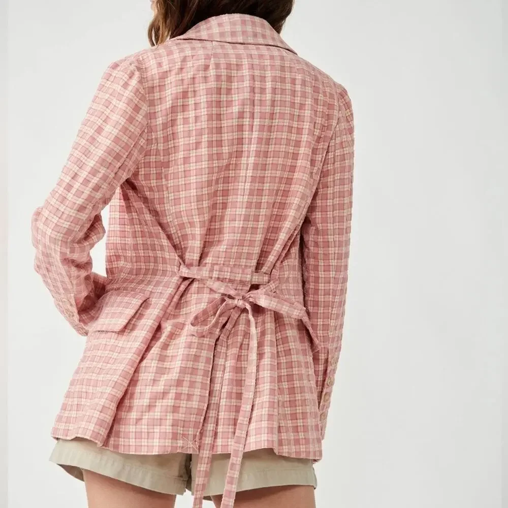 Free People Pink Cream Long Sleeve Button Waist Tie Olivia Gingham Blazer M